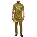 African Clothing 100% Cotton Patchwork Short Sleeve Senator Design Top With Pants Set Y32022