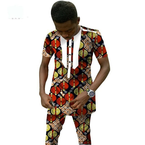 Traditional African Clothing Men'S Set Short Sleeve Top with Pants Ankara Y10842