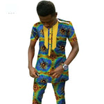 Traditional African Clothing Men'S Set Short Sleeve Top with Pants Ankara Y10842