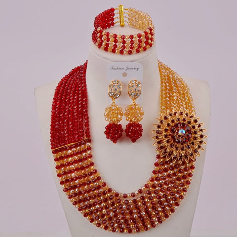 African Wedding Beads Wine and Champagne Gold Women Necklace + Earrings + Bracelet