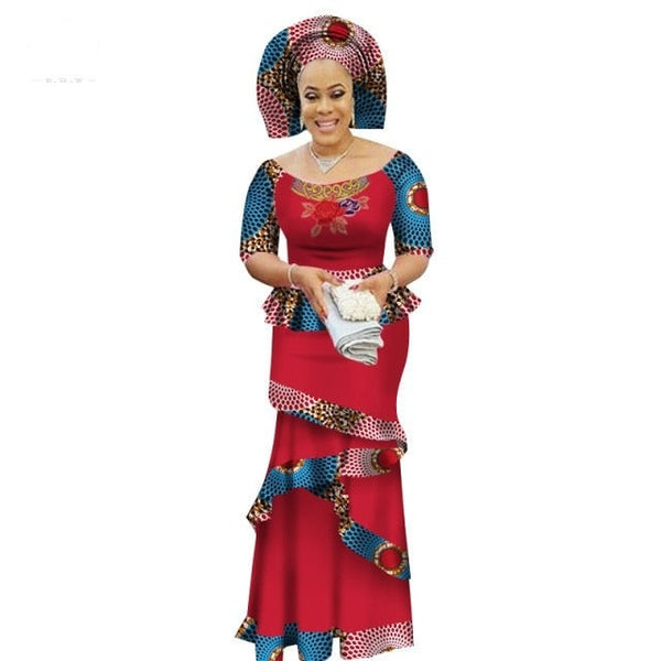 African Dashiki Bazin Women Suit Half Sleeve Tops and Long Dress X10585