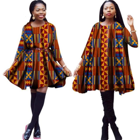 African Cotton Dashiki Wax Print Knee-Length Loose-Style Summer Dress for Women X11939