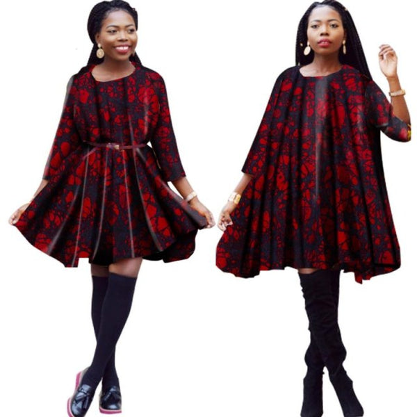 African Cotton Dashiki Wax Print Knee-Length Loose-Style Summer Dress for Women X11939