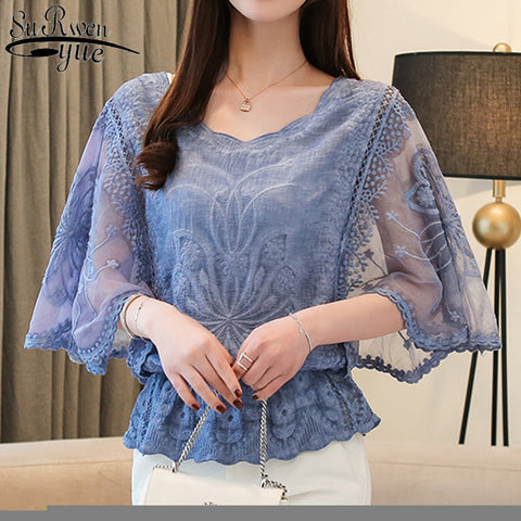 Fashion Women Blouses Spring New Chiffon Blouse Cotton Edge Lace Blouses Shirt Butterfly Flower Women Shirt Tops Blusas 4073 50