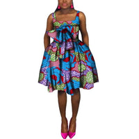 African Cotton Dashiki Wax Print Pattern Ankara Bow-Knot Strap Sleeveless Dress for Women X11993