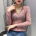 Lace tops 2022 Spring Long Sleeve Sexy Hollow Out Women T-Shirt V-Neck Lace Shirt Plus Size Woman Tshirts Blusas