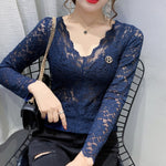 Lace tops 2022 Spring Long Sleeve Sexy Hollow Out Women T-Shirt V-Neck Lace Shirt Plus Size Woman Tshirts Blusas