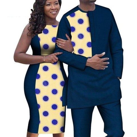 African Couple Outfits Women Sleeveless Slime Dresses and Dashiki Men Shirt and Pant Set Bazin Patchwork Lover&amp;#39;s Clothes WYQ644