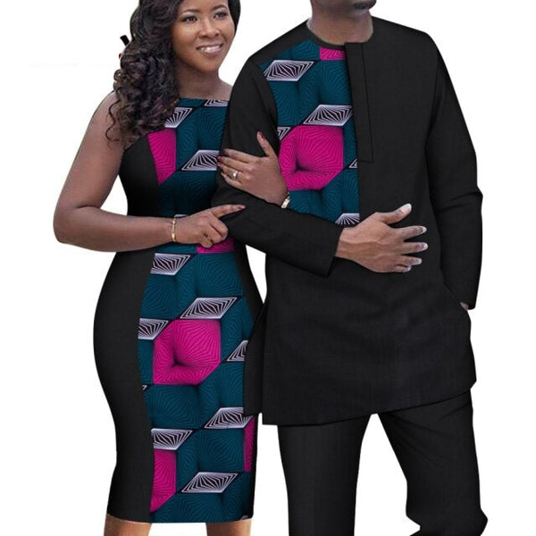 African Couple Outfits Women Sleeveless Slime Dresses and Dashiki Men Shirt and Pant Set Bazin Patchwork Lover&#39;s Clothes WYQ644