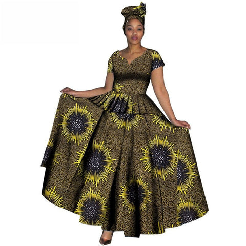 Fashion Women Clothes African Dresses Ankara Print V-neck Maix Long Dresses with Head Scarf Dashiki Women Outfit Plus Size WY749