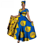 Fashion Women Clothes African Dresses Ankara Print V-neck Maix Long Dresses with Head Scarf Dashiki Women Outfit Plus Size WY749