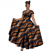 Fashion Women Clothes African Dresses Ankara Print V-neck Maix Long Dresses with Head Scarf Dashiki Women Outfit Plus Size WY749