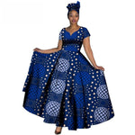 Fashion Women Clothes African Dresses Ankara Print V-neck Maix Long Dresses with Head Scarf Dashiki Women Outfit Plus Size WY749