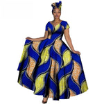 Fashion Women Clothes African Dresses Ankara Print V-neck Maix Long Dresses with Head Scarf Dashiki Women Outfit Plus Size WY749