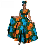 Fashion Women Clothes African Dresses Ankara Print V-neck Maix Long Dresses with Head Scarf Dashiki Women Outfit Plus Size WY749