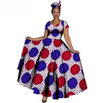 Fashion Women Clothes African Dresses Ankara Print V-neck Maix Long Dresses with Head Scarf Dashiki Women Outfit Plus Size WY749