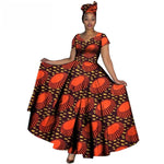 Fashion Women Clothes African Dresses Ankara Print V-neck Maix Long Dresses with Head Scarf Dashiki Women Outfit Plus Size WY749