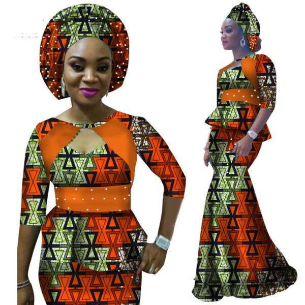 African Women Dashiki Print 2 Piece Skirt set with head X10981