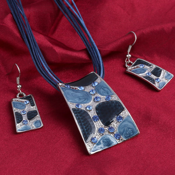 Minhin Blue Geometry Shape Pendant Necklace Earring Sets Multi Ropes Q50167