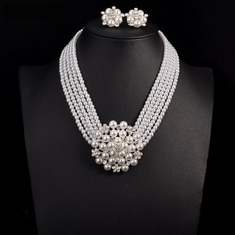 New Bridal Necklace Sets Multi-layer Imitation Pearl Chain Big Flower Statement Necklace + Earrings