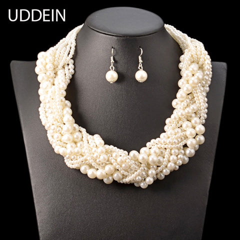 Bohemian Simulated Pearl Necklace + Earrings + Bracelet Set For Women