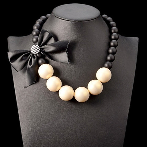 Chunky Wood Chain Big Simulated Pearl Jewelry Ribbon Flower Necklace for Women