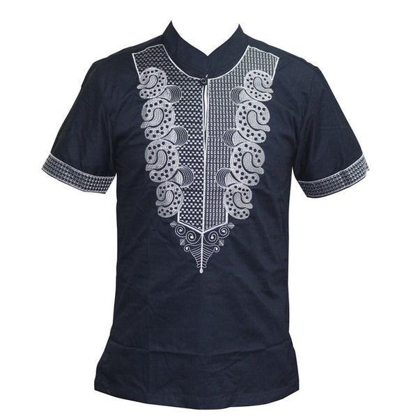 African Men Embroidery Print T-Shirt Geometric Print Stand Neck Top Y20461