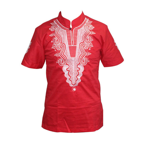Embroidered Casual African Men Vintage Stand Collar Short Sleeve Tee Top Y20462