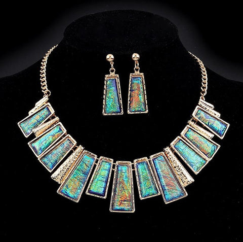 Minhin New Fashion Jewelry Set Green Rectangle with Colorful Pattern Q50172