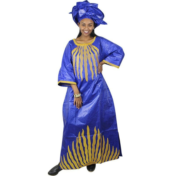African Bazin Riche Brocade Long Black Dress with Gold X21188